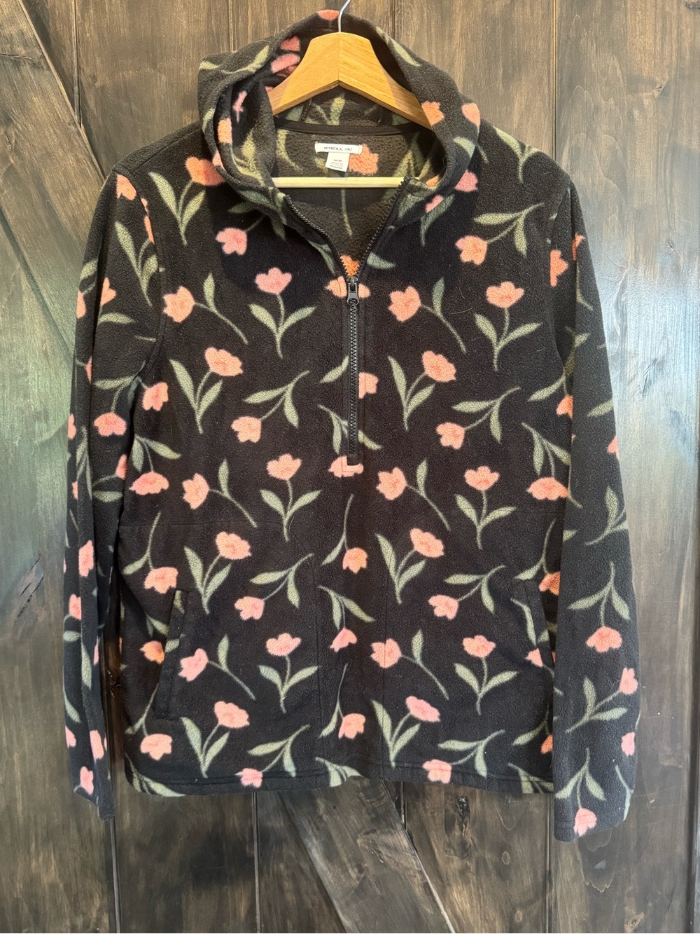O'Neill Black Fleece Half-Zip with Pink Floral Accents